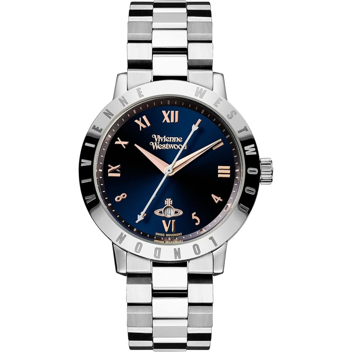 Women's steel strap watch, blue face with Roman numerals and pink-gold style hands