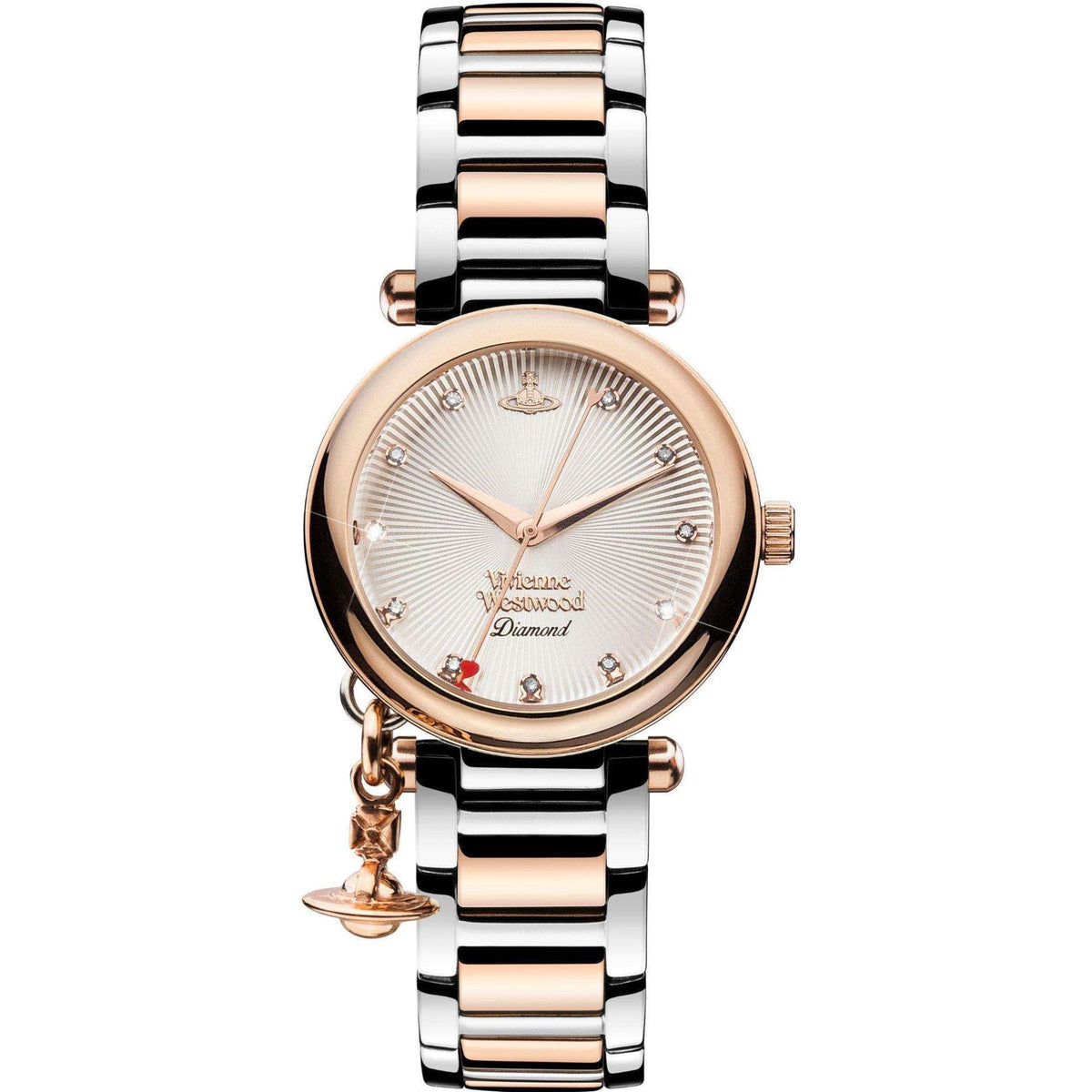 Vivienne Westwood Orb quartz watch front: champagne dial with diamond markers and rose hands