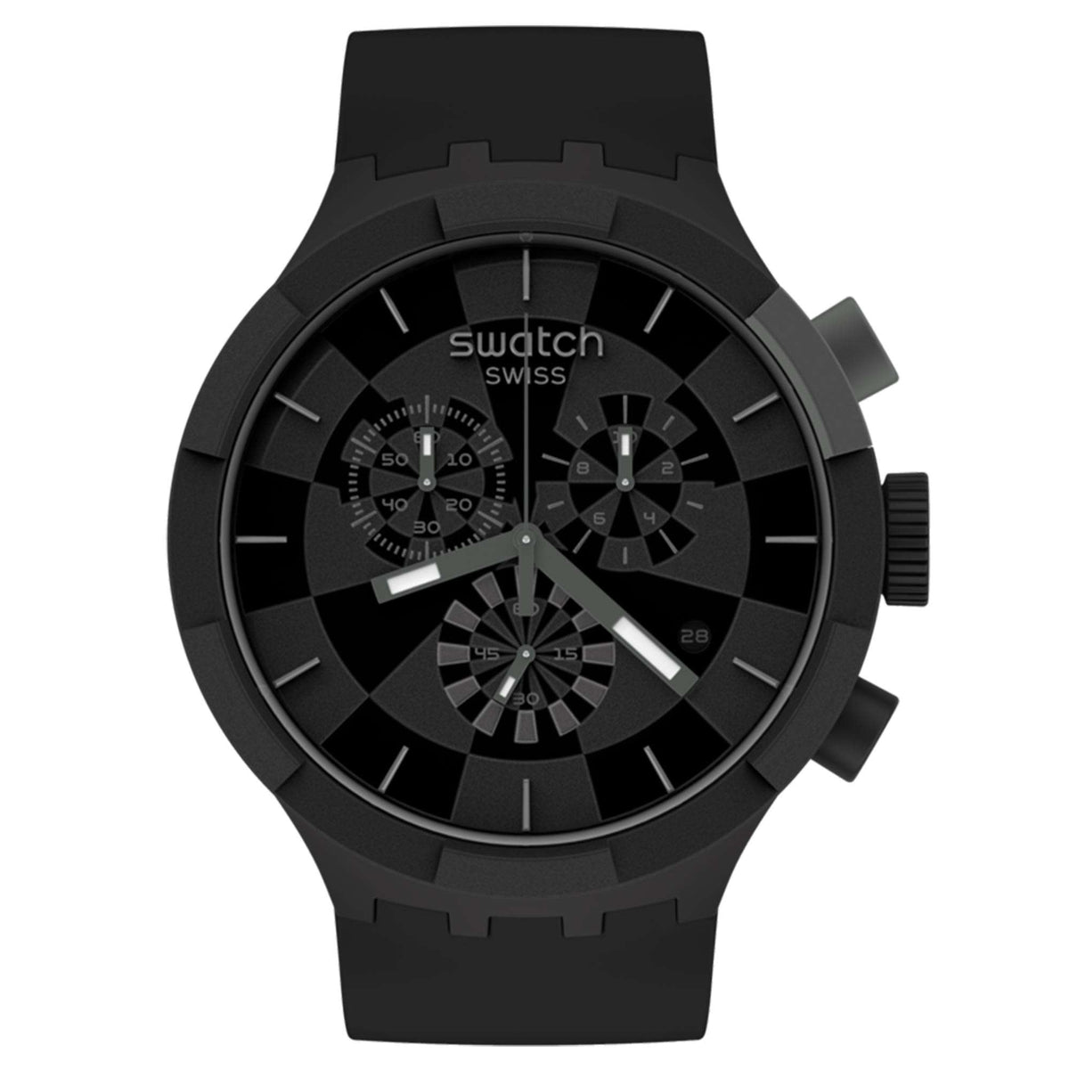 Front view of black Swatch chronograph watch with checkered dial and black silicone strap