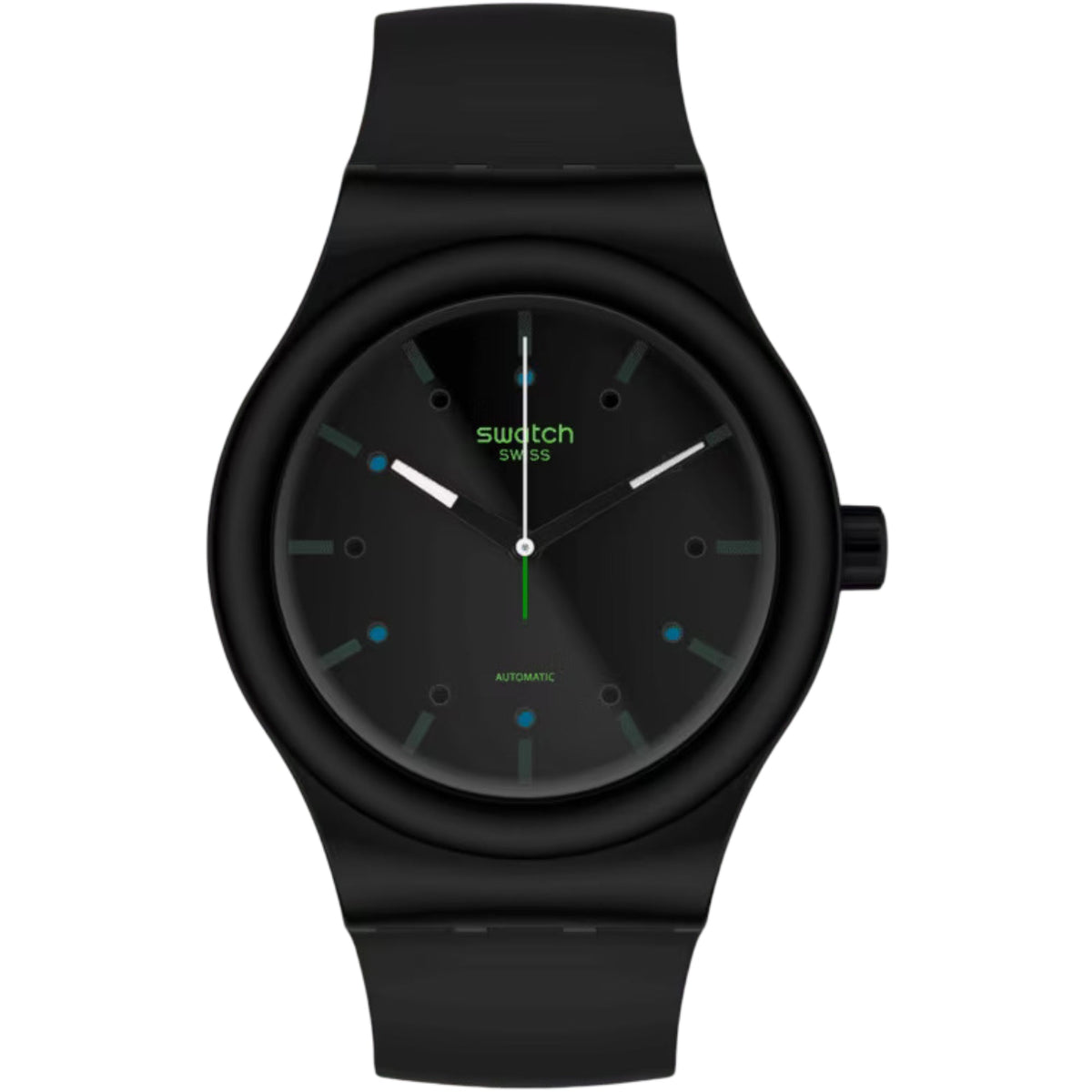 Black automatic wrist watch with round black dial, baton hands, and rubber strap