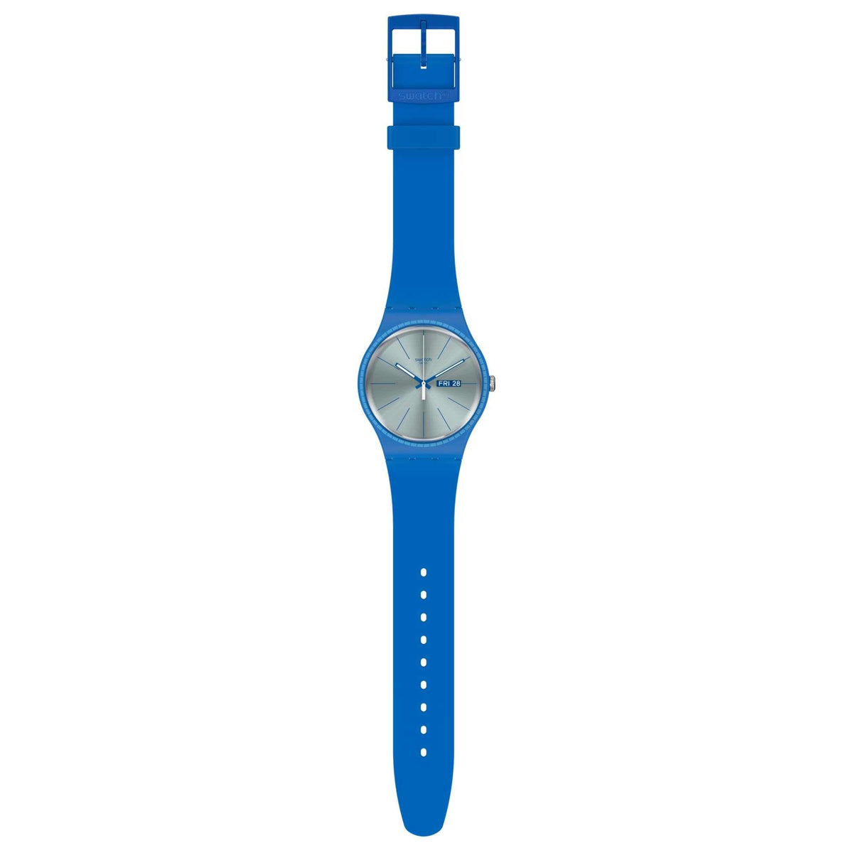 Blue silicone strap men's watch with round silver dial and analog hand hour/minute