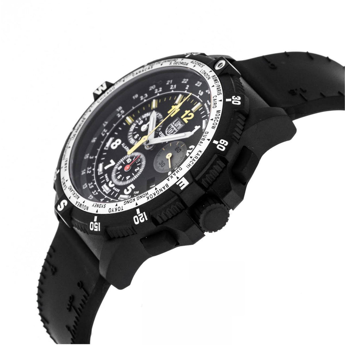 Men's Luminox chronograph watch, black case and strap, black dial with yellow lume markers.