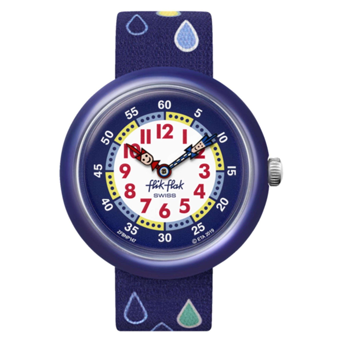 Boys blue dial round watch with colorful numerals and raindrop patterned textile strap