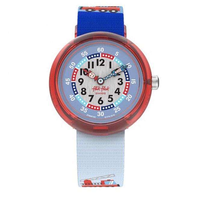 Kids watch front view: blue dial and light-blue textile strap with firetruck graphic