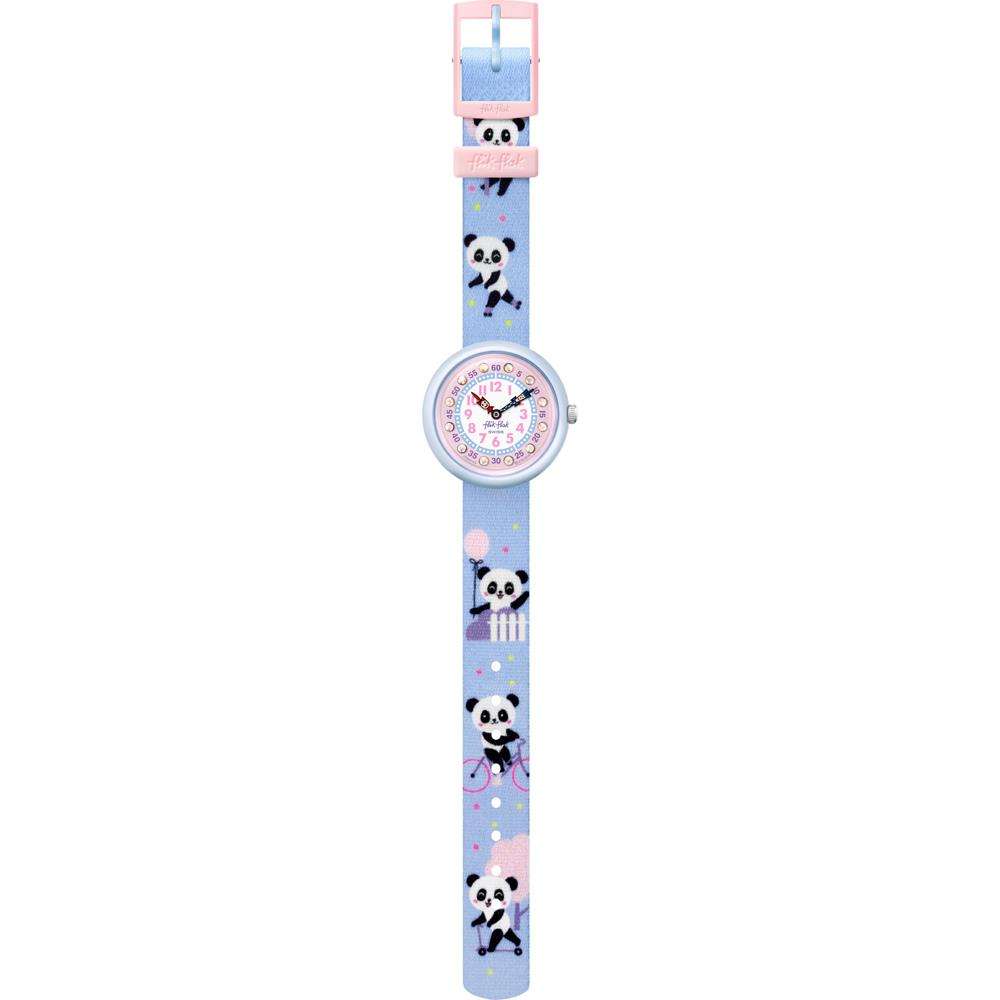 Kids panda textile bracelet watch with round light-blue case, pink dial, and blue patterned band