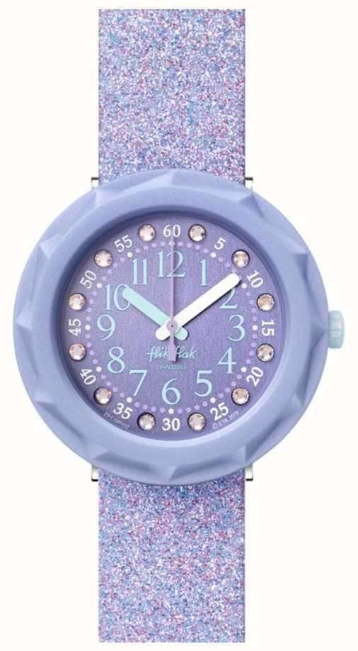Girls quartz watch, lavender round case and purple dial, glitter silicone strap