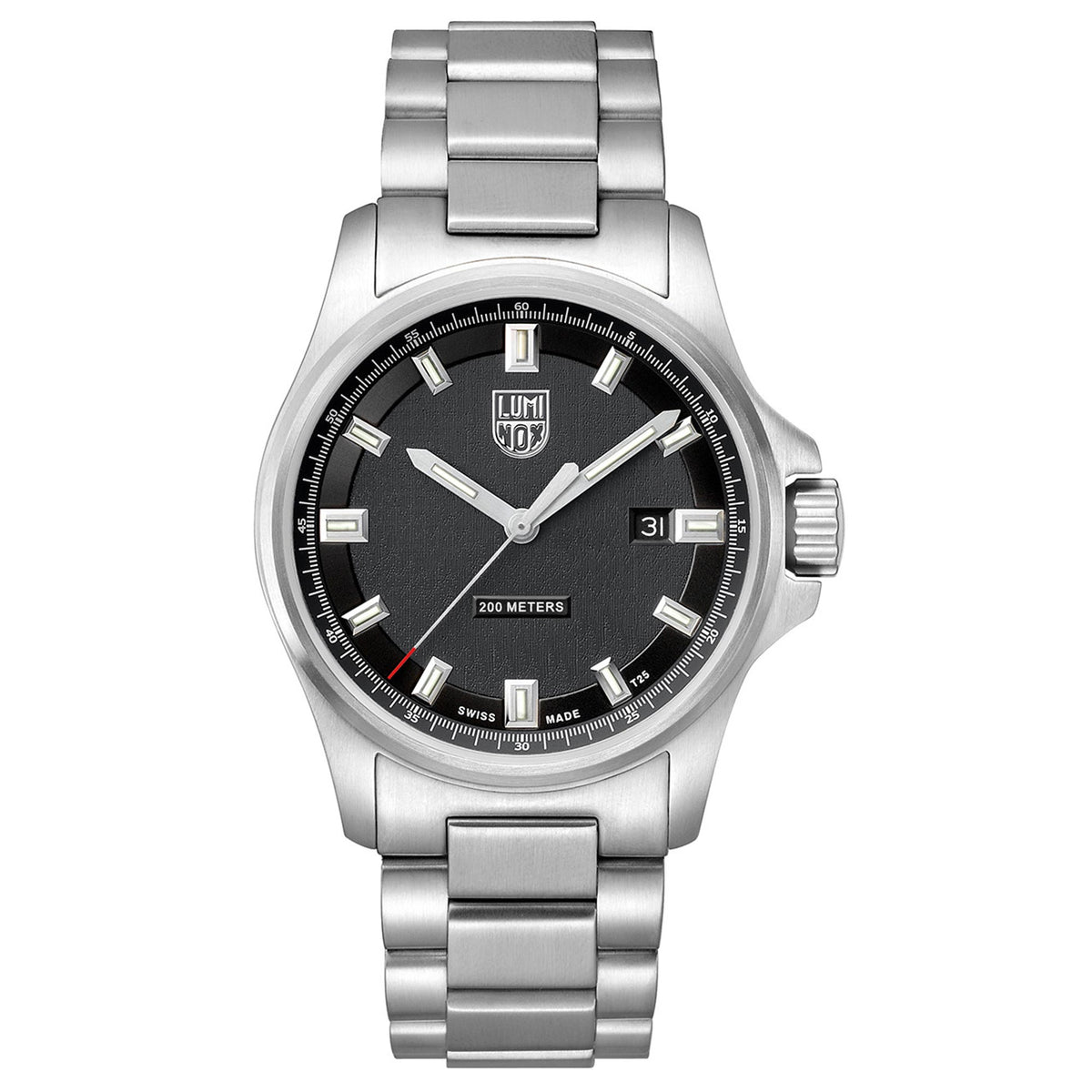 Men's Luminox quartz watch, black dial with minute markers, date window, steel link bracelet