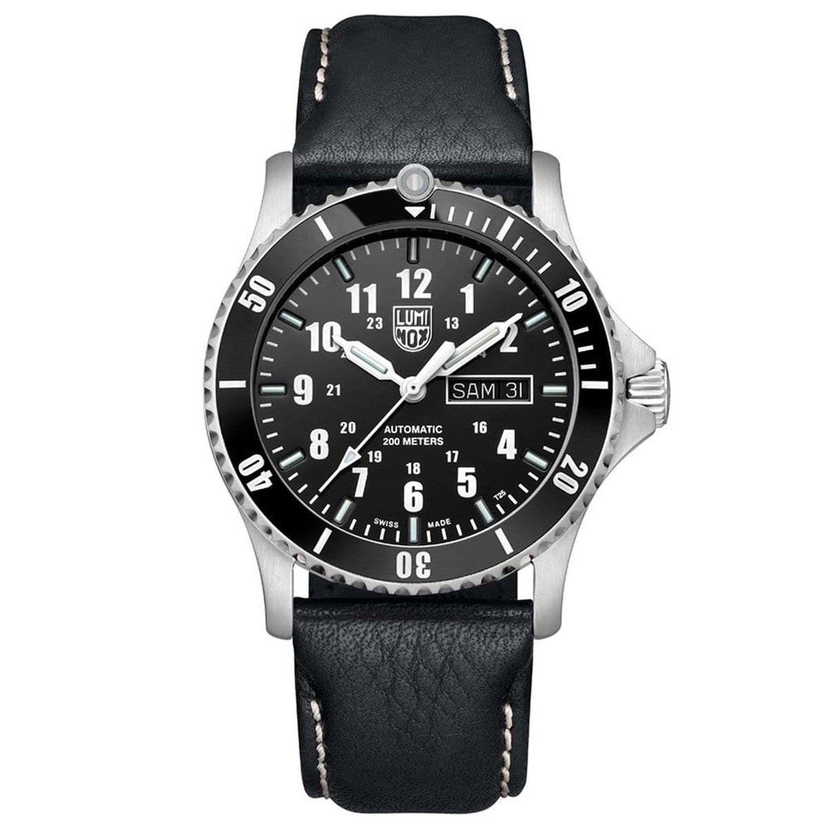 Men's automatic sport watch with black dial, stainless bezel, and black leather strap