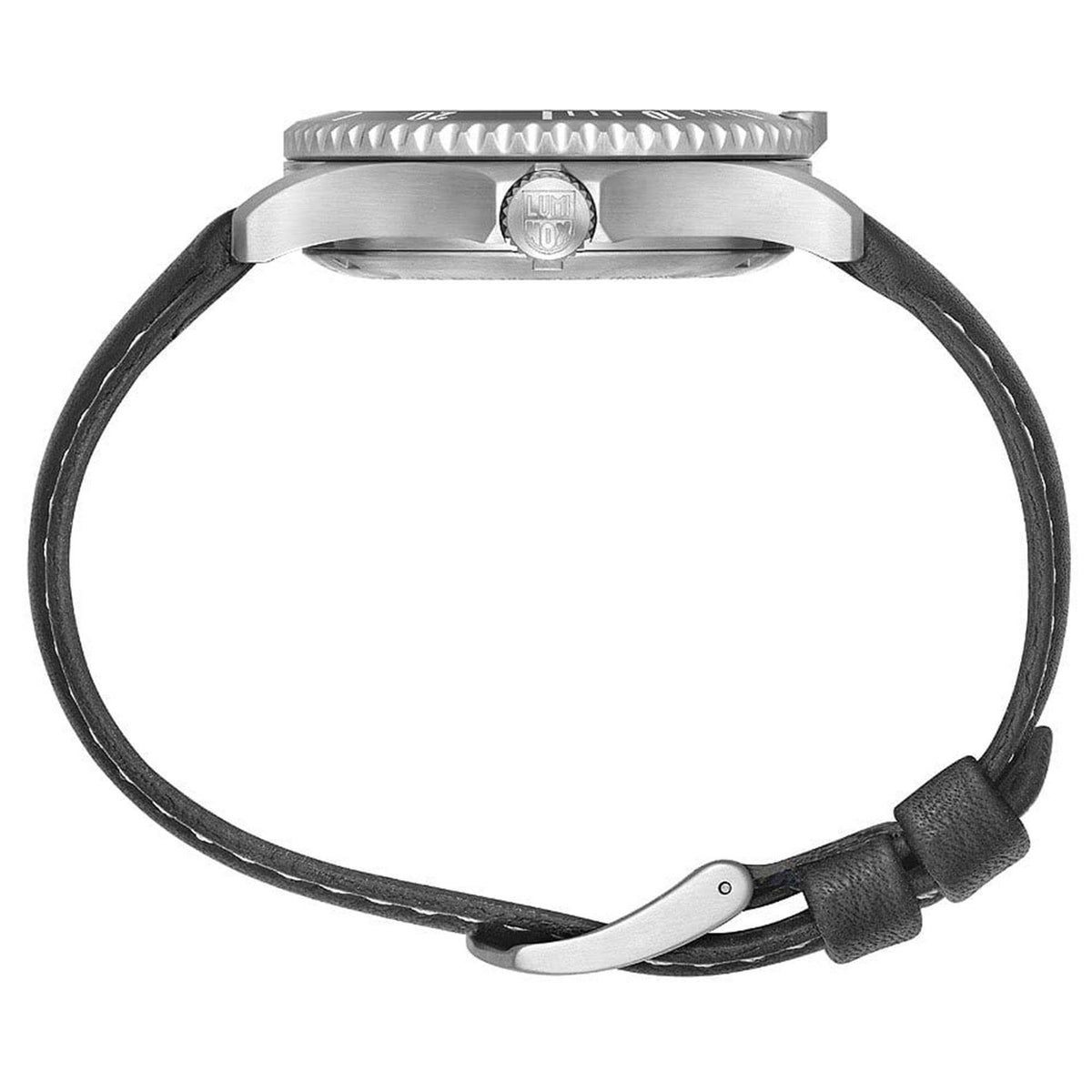 Stainless steel sport watch with black leather strap and ridged bezel on a clean white background