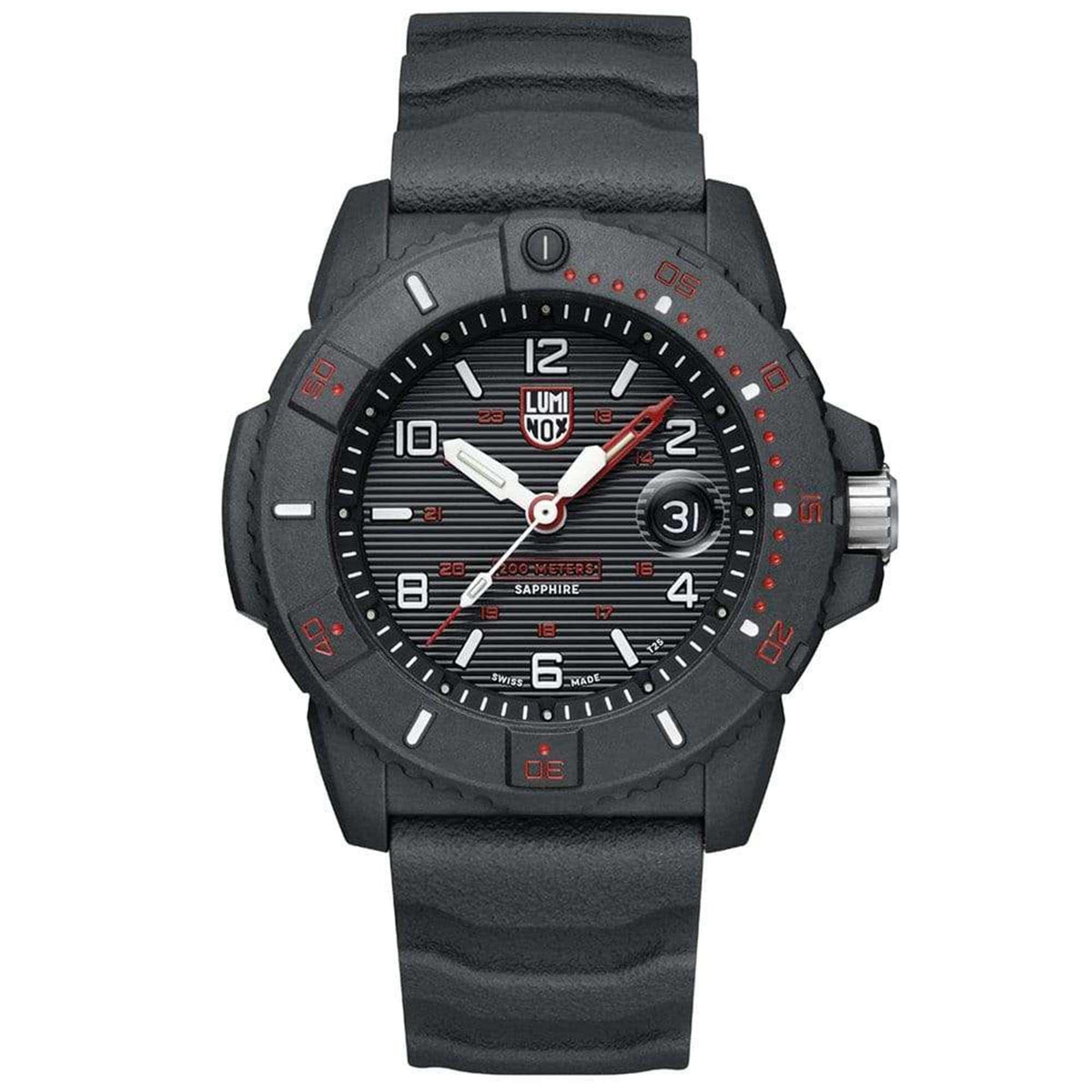 Black dial dive watch with black rubber strap, red and white hands, date at 3 o'clock