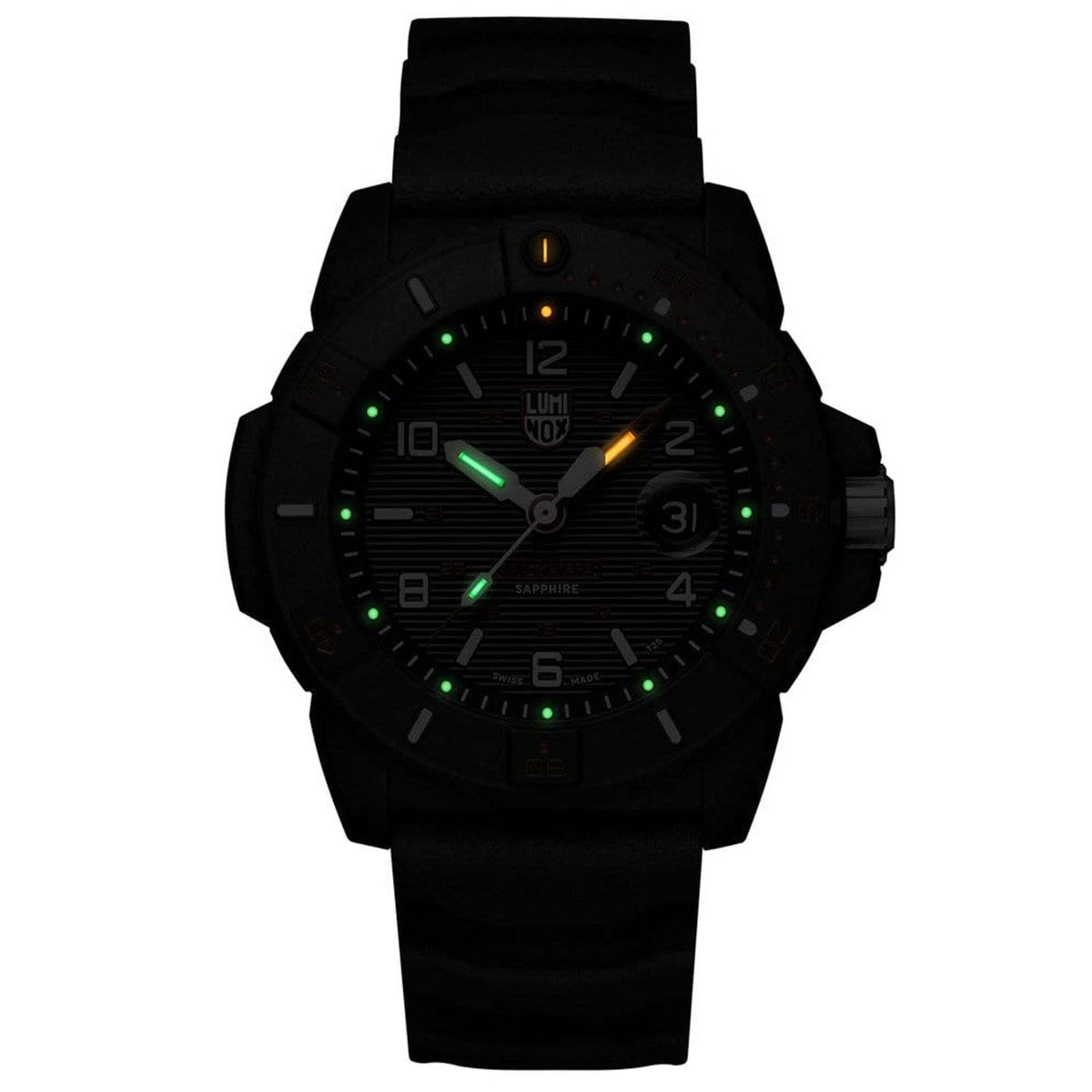 Black dial dive watch with black rubber strap, green luminous indices, date window at 3