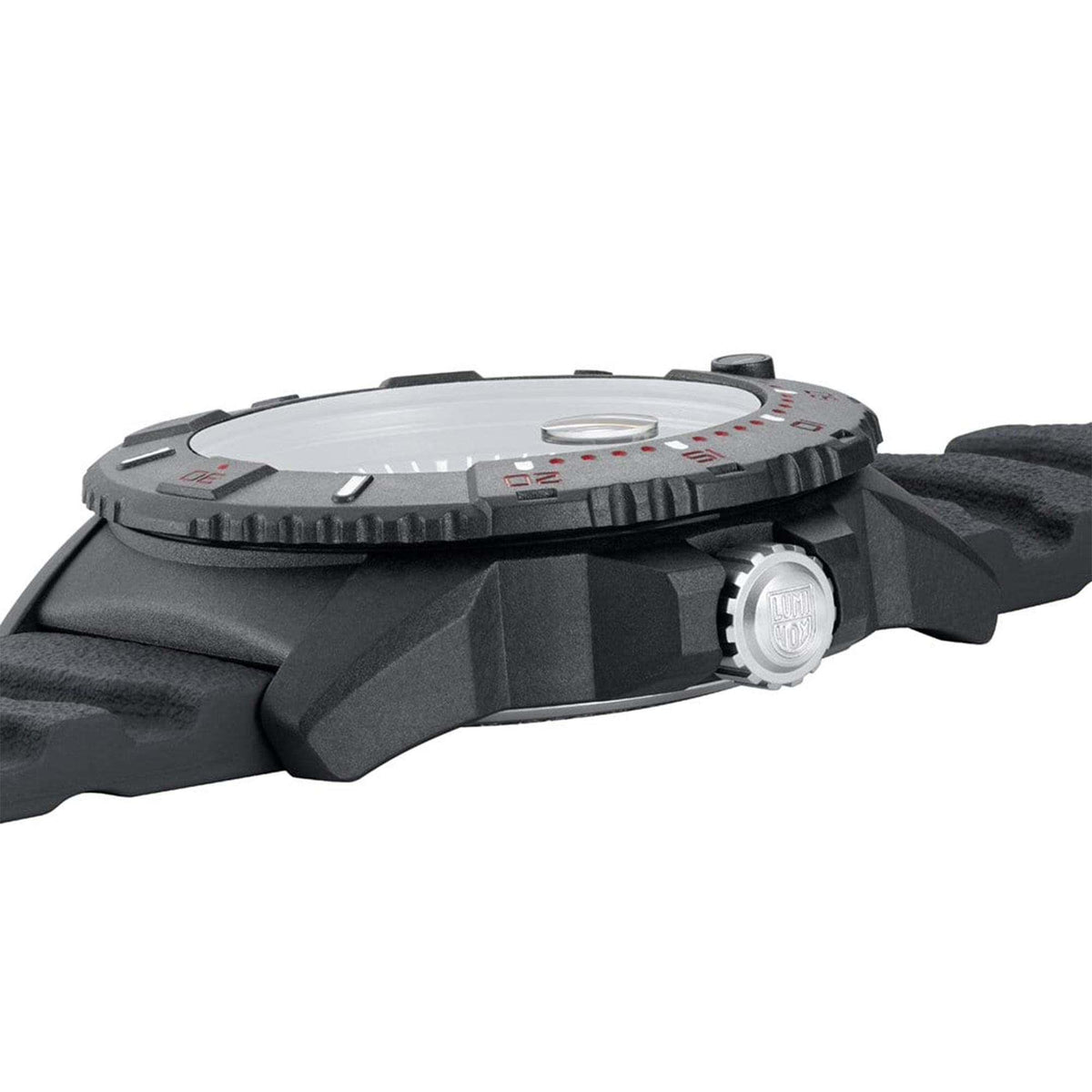 Men's dive watch showing top case profile and black rubber strap