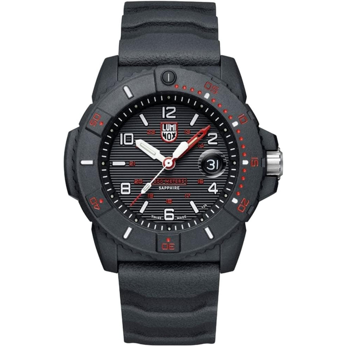 Men's black dial dive watch with red hands, rubber strap, and visible time markers