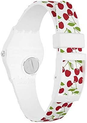 Women's quartz watch with silver-tone caseback and white cherry-pattern rubber strap