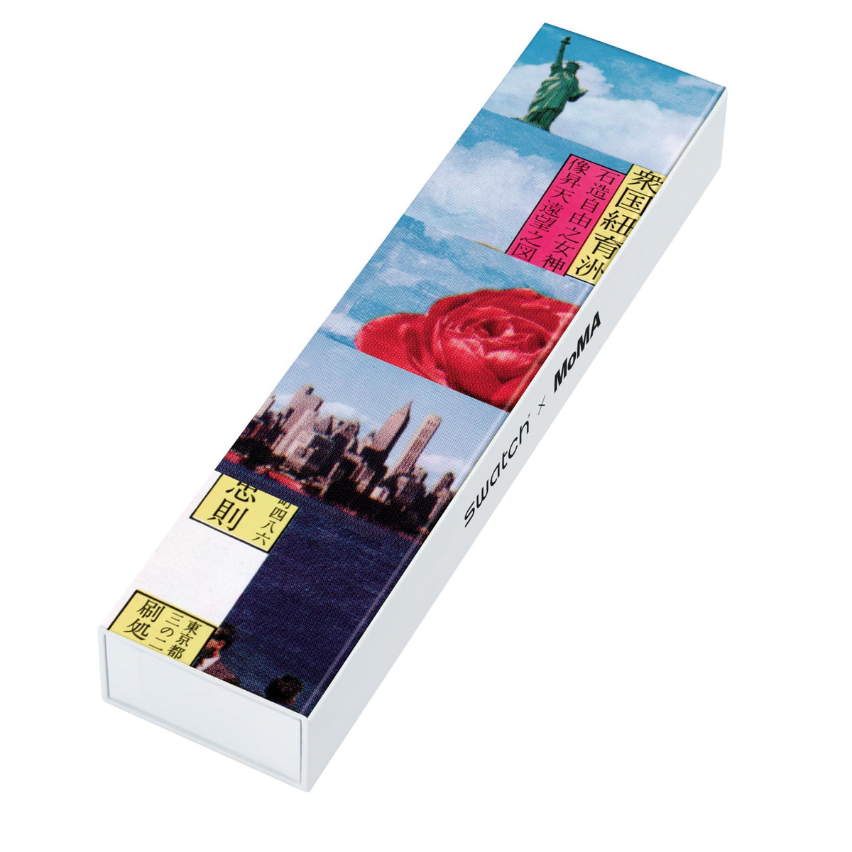 Watch packaging with collage artwork and band design on the outer box