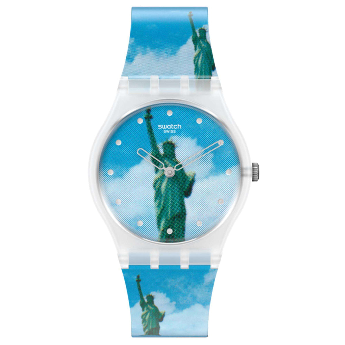Blue silicone strap watch with round blue dial and Statue of Liberty graphic