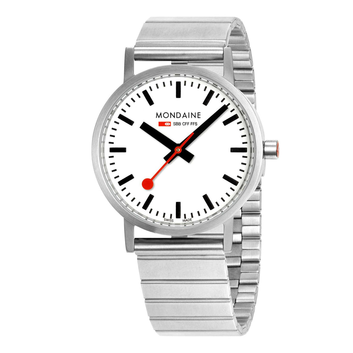 Stainless steel ladies wristwatch with white dial, red-accent hands