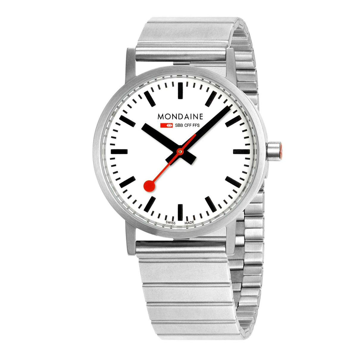 White dial stainless steel watch with red seconds hand and metal link band
