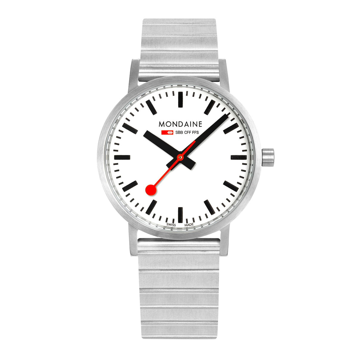 Men's stainless steel bracelet watch, white dial with black markers and red seconds hand