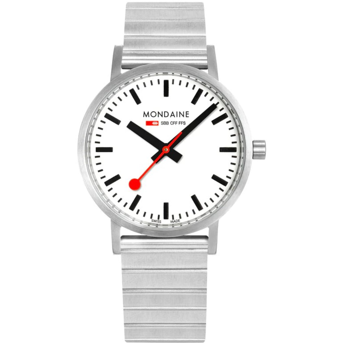 Men's stainless steel bracelet watch with white dial, black markers, and red-accent hands