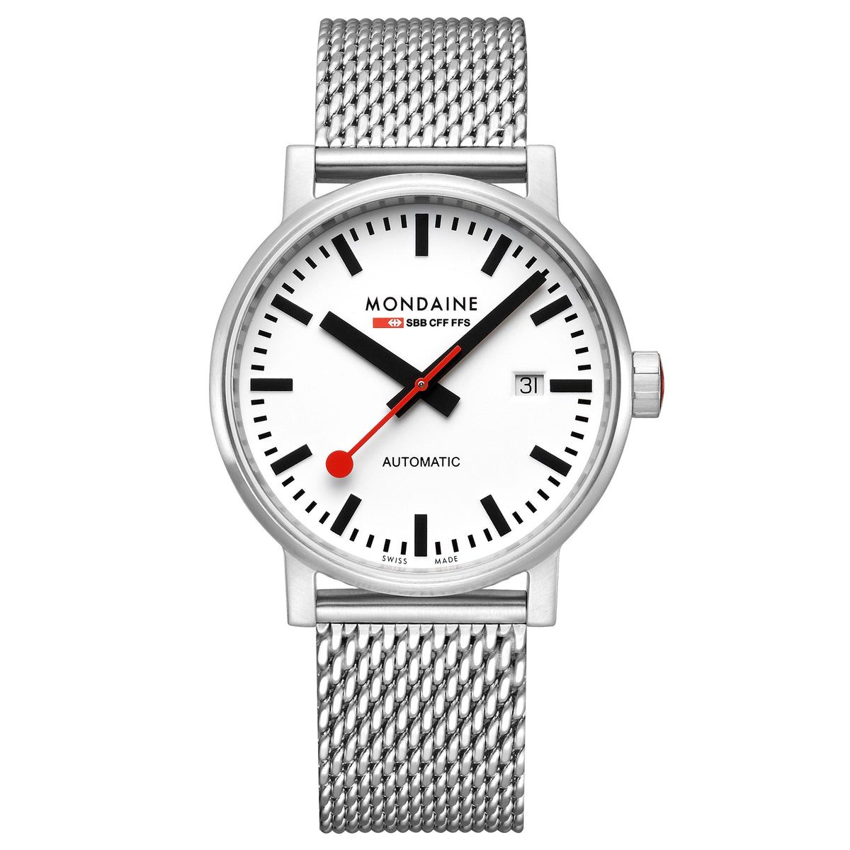 Round stainless steel automatic watch with white dial, date window, and mesh bracelet