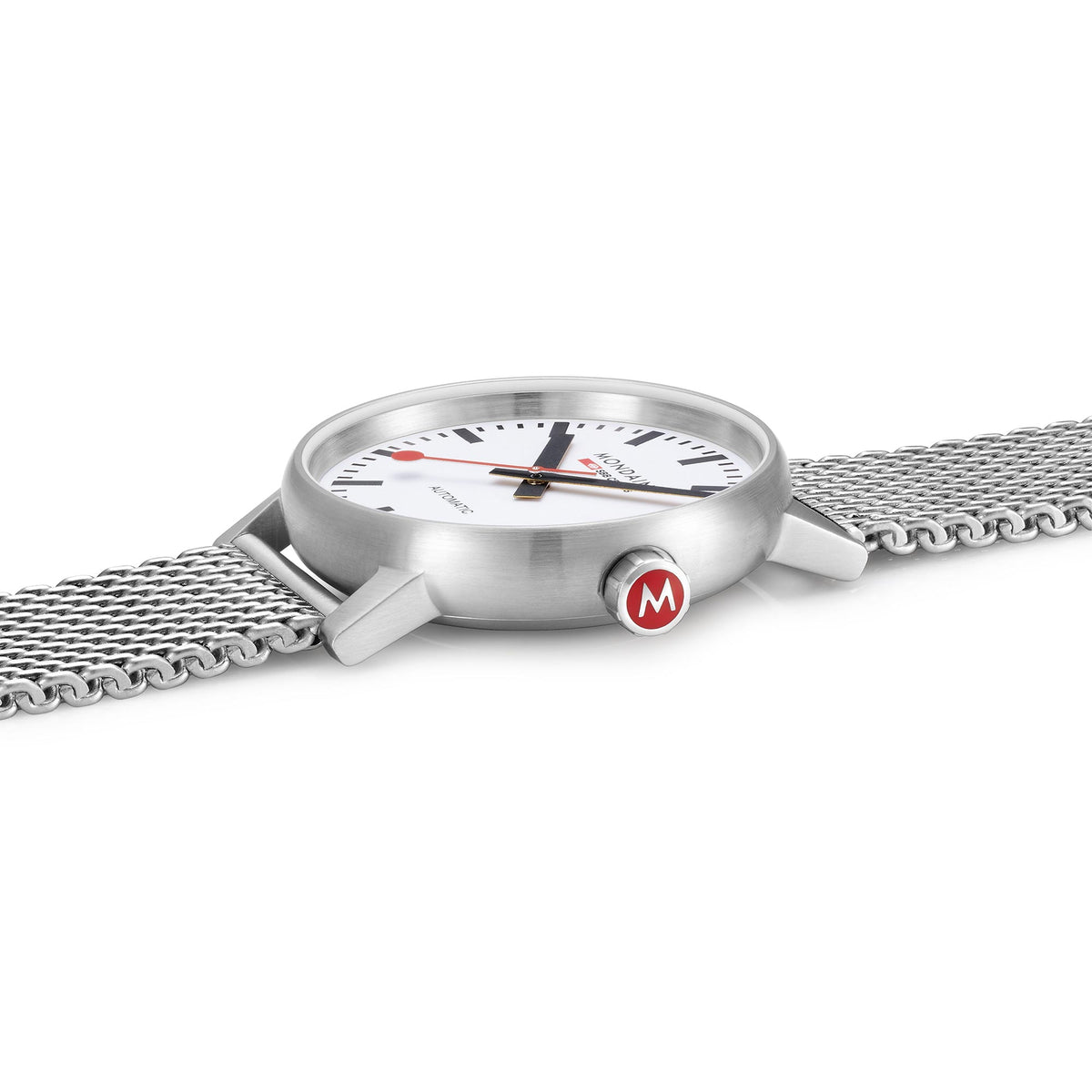 Stainless steel automatic watch with white dial and mesh bracelet, close side angle