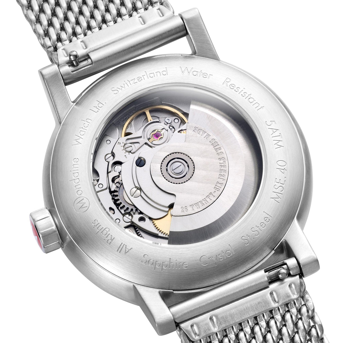 Stainless steel automatic watch with open caseback, visible movement and metal mesh bracelet