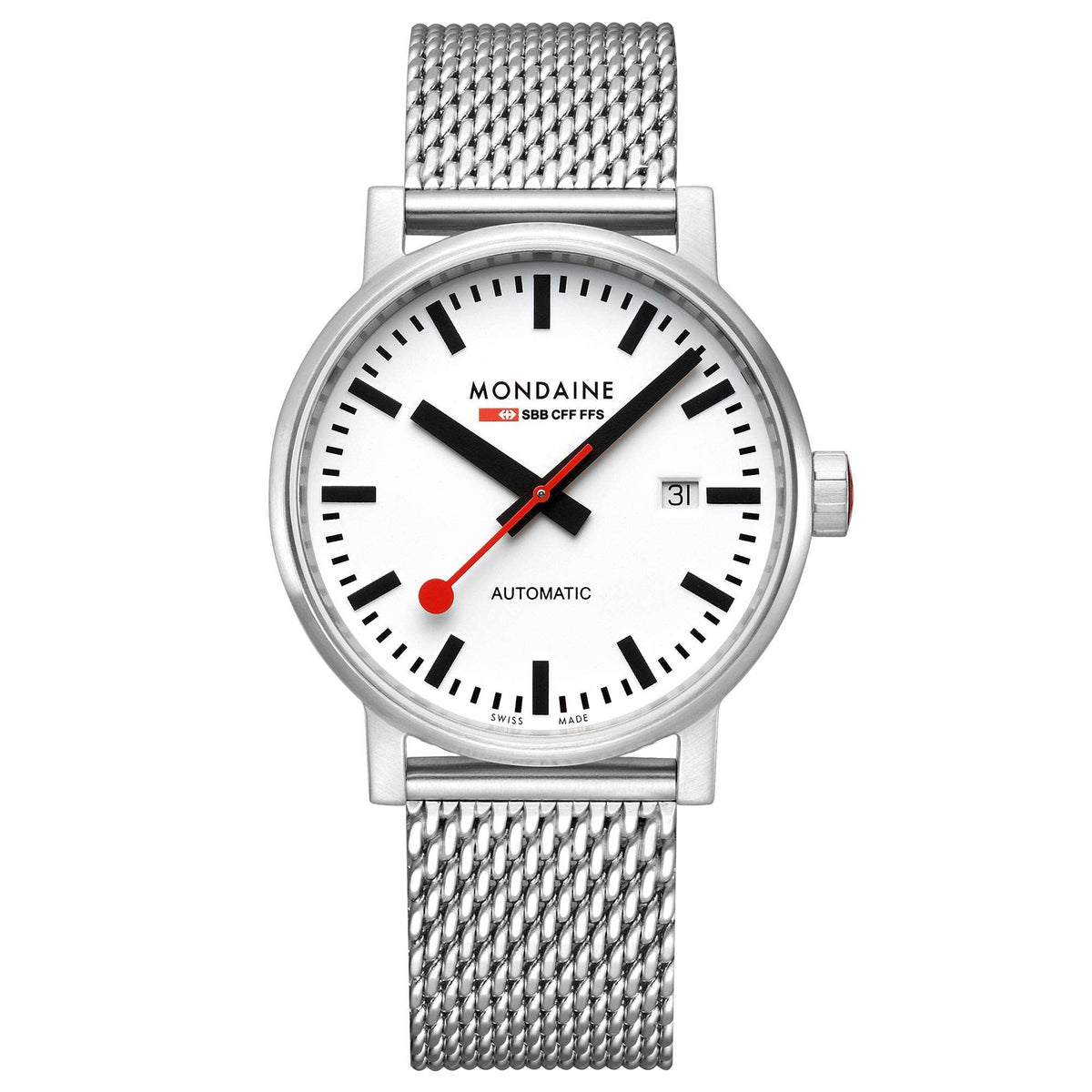 Stainless steel automatic watch with white dial, red seconds hand, and mesh bracelet