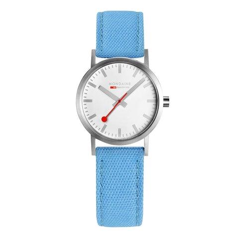 Ladies wristwatch with blue textile strap, silver round case, white dial, red accents