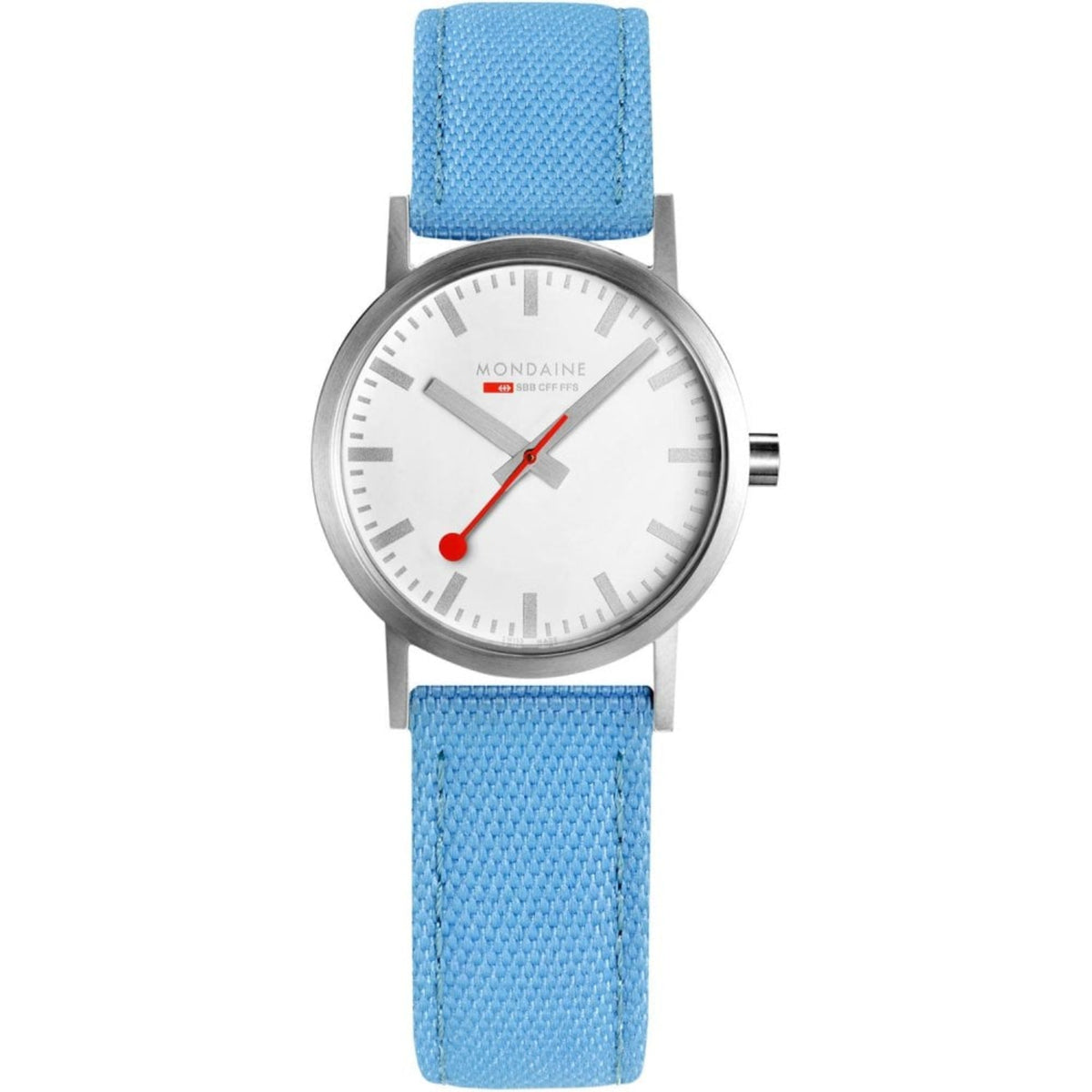 Ladies quartz watch with blue textile strap, silver round case, white dial, red second hand