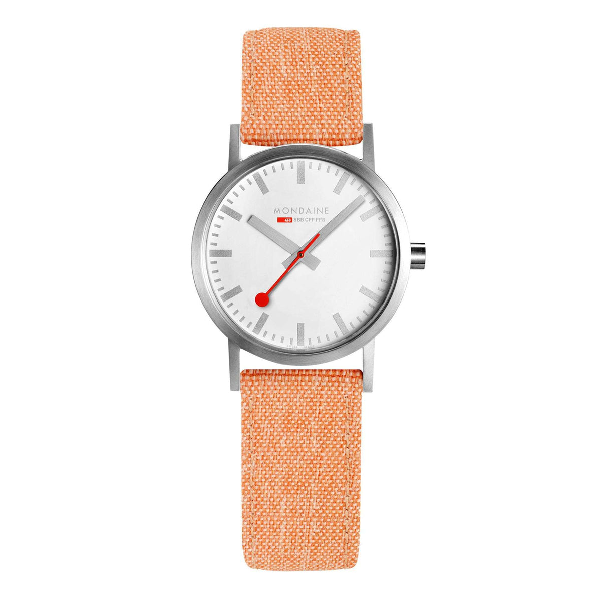 Ladies wristwatch front view: white dial with red accents and orange textured textile strap