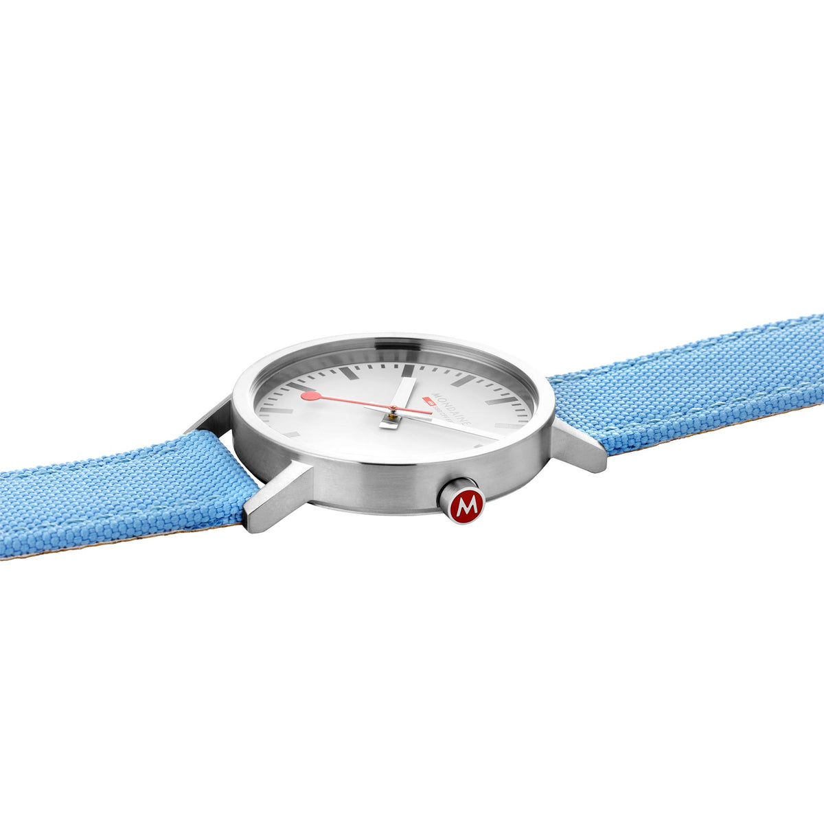 Quartz watch front view with blue textile strap and white dial