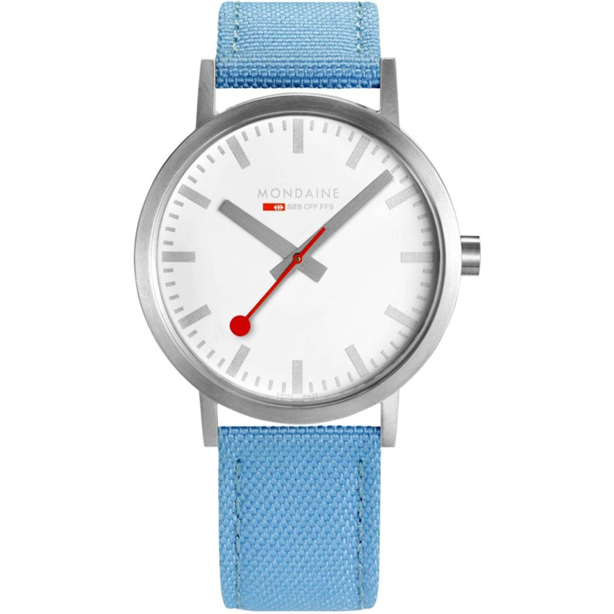 Round quartz watch with white dial and red hands, blue textile strap