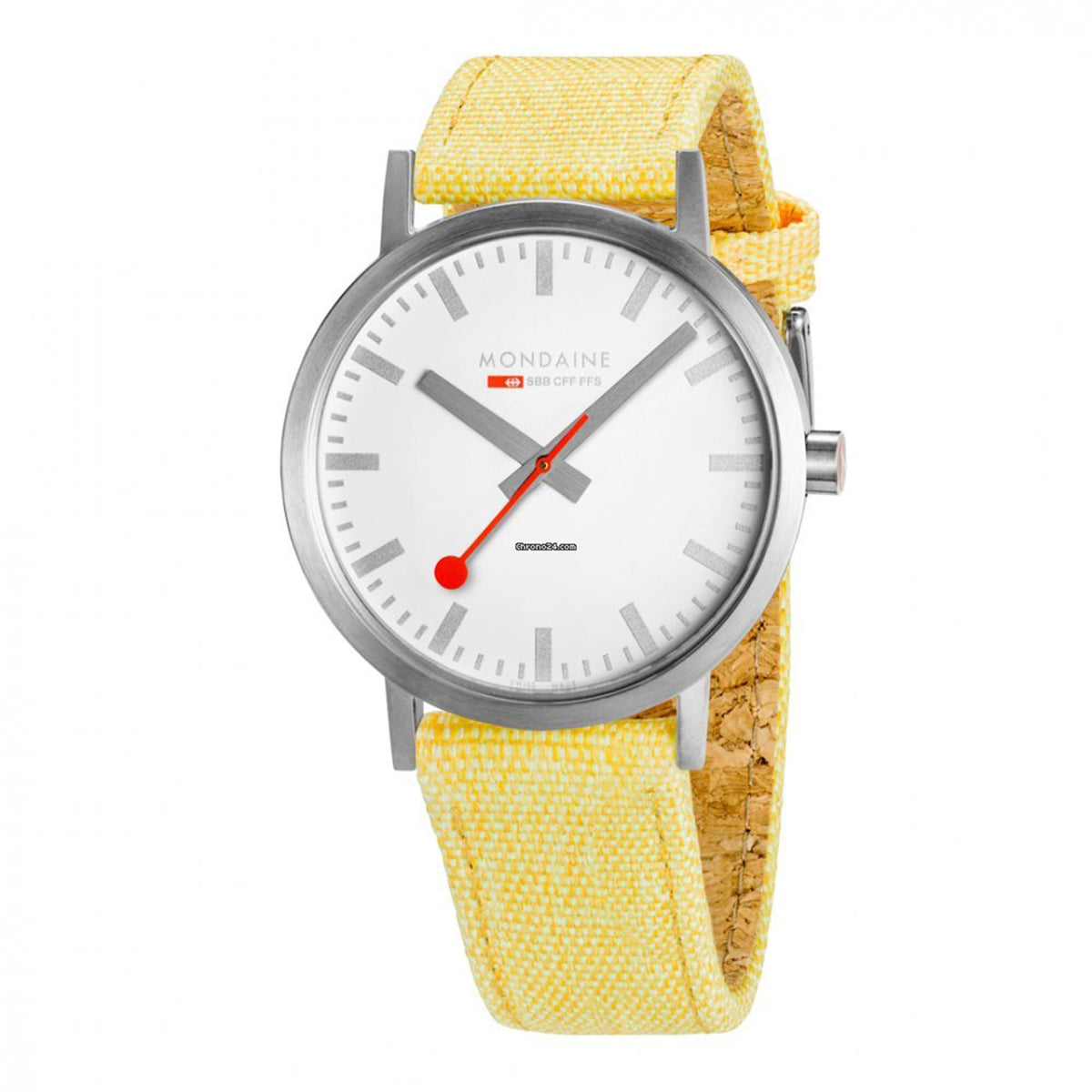 Mondaine quartz wristwatch with white dial, red hands, yellow textile strap, silver round case