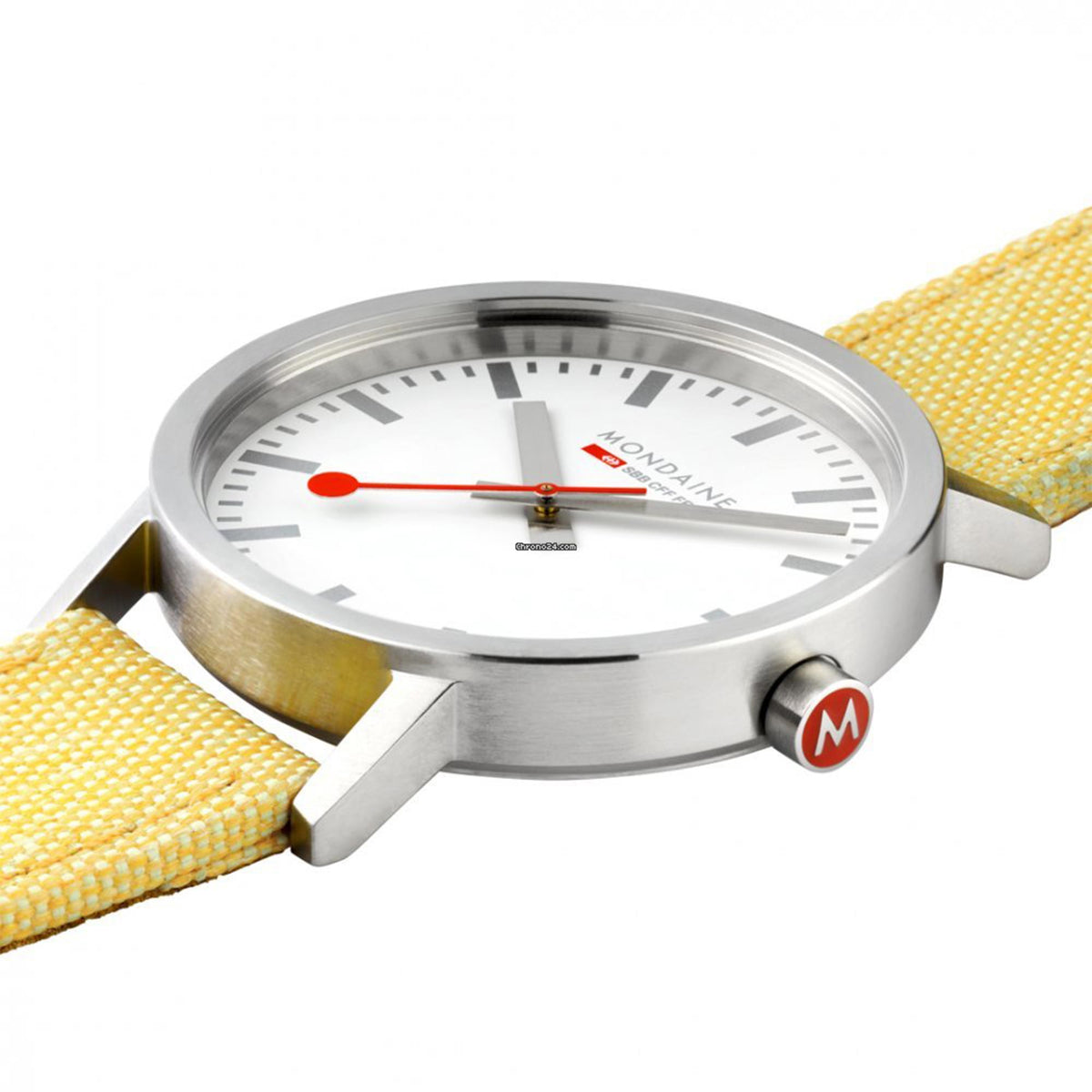Mondaine quartz watch close-up side: silver case, white dial, red hands, yellow textile strap