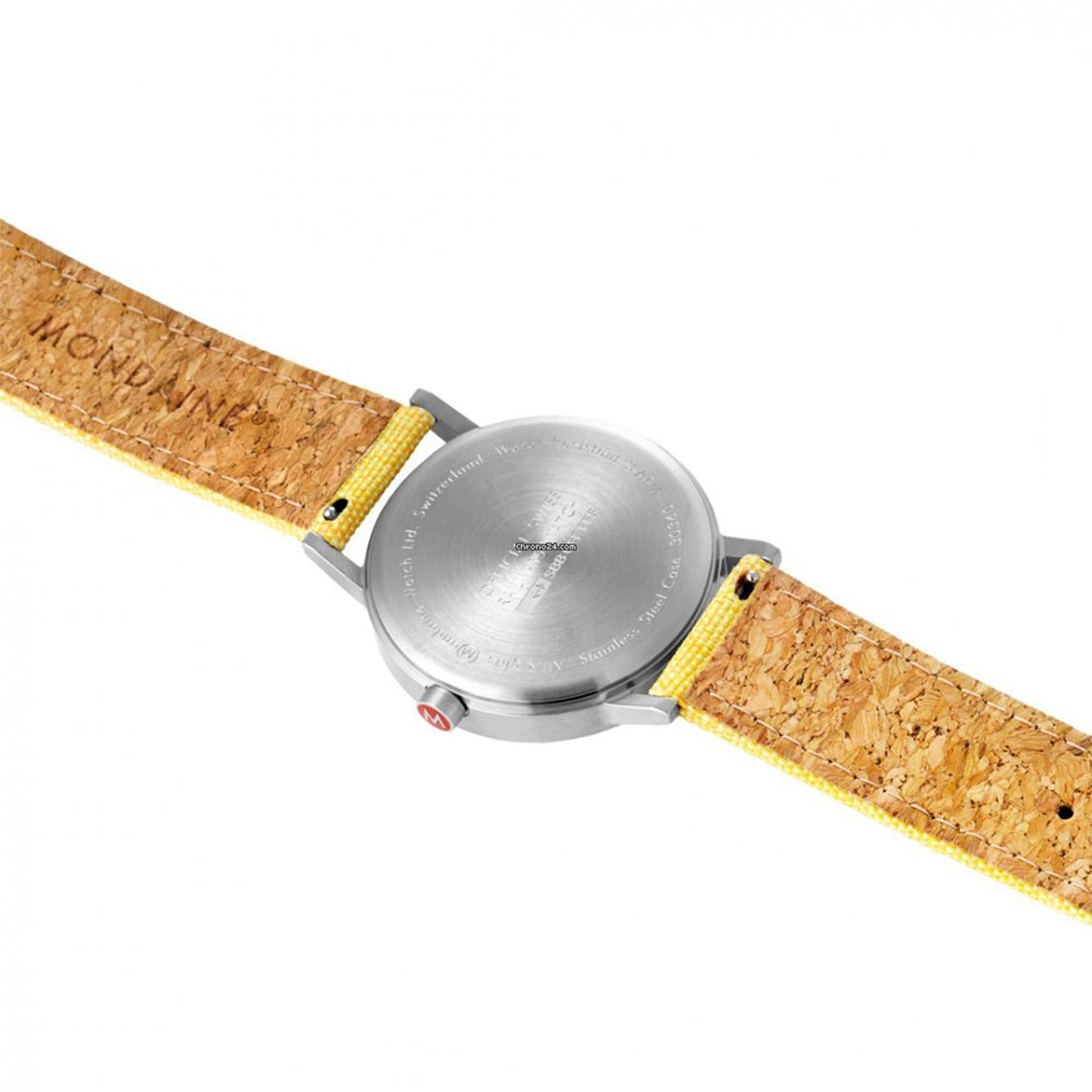 Mondaine quartz watch caseback and yellow textile strap with textured underside