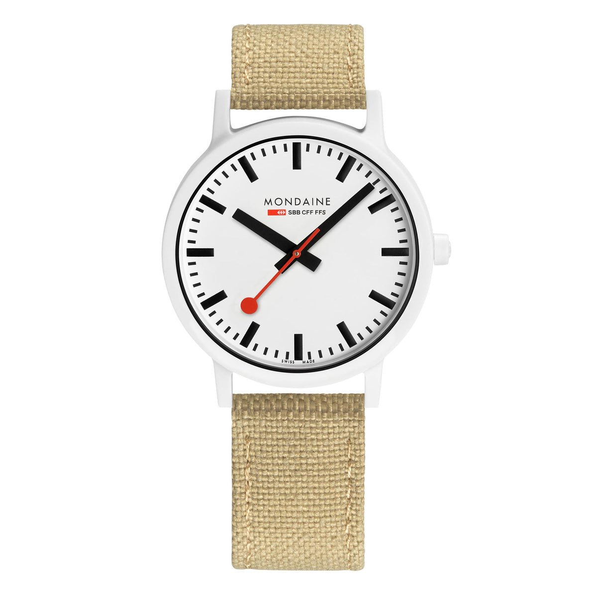 Mondaine Essence quartz watch front view with white dial and tan fabric strap