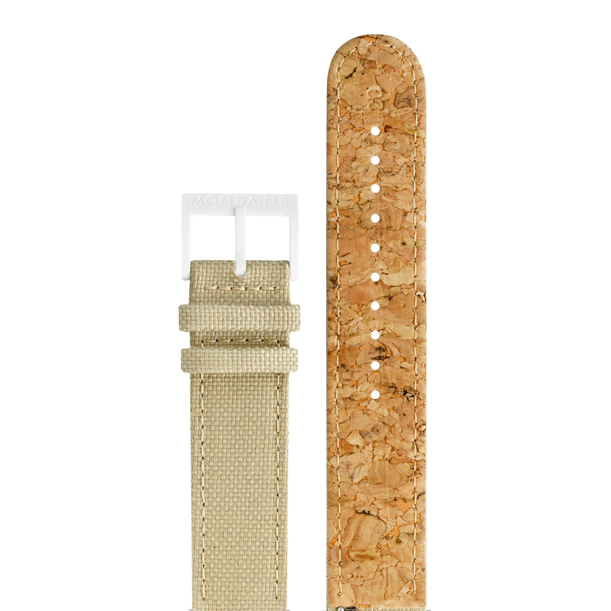 Mondaine Essence quartz watch with tan textile strap and cork-like strap back section