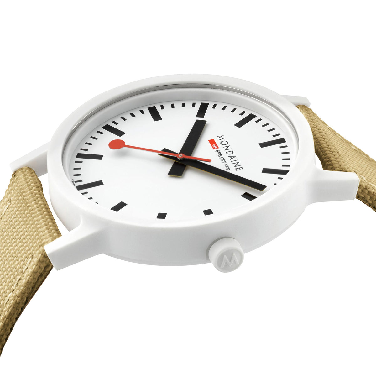 Mondaine Essence quartz watch dial close-up with red seconds hand and black hour marks