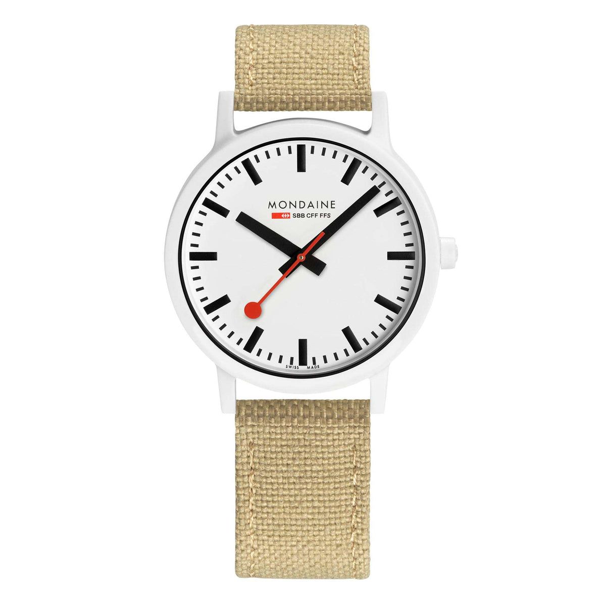 Mondaine Essence quartz watch front view with white dial, black indices, tan fabric strap