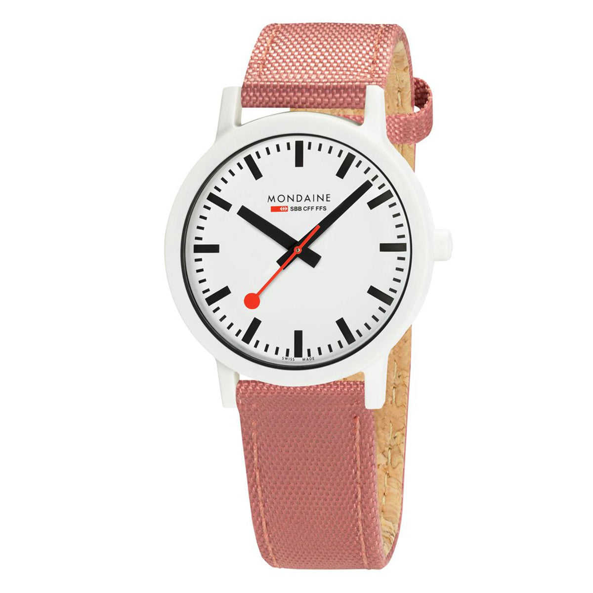 White dial watch with pink textile strap, black numerals, red hands