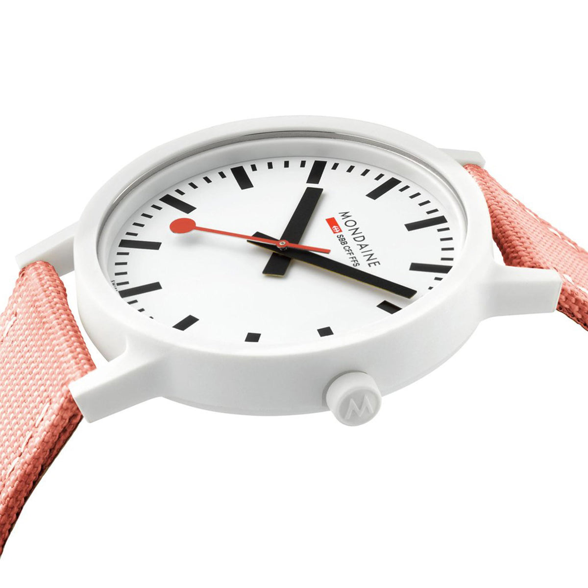 Close-up side view of white dial watch with pink textile strap and black markers