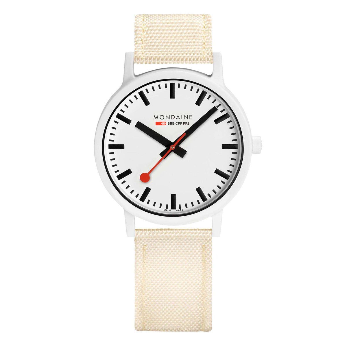 White dial quartz wristwatch with cream textile strap and red accent hands