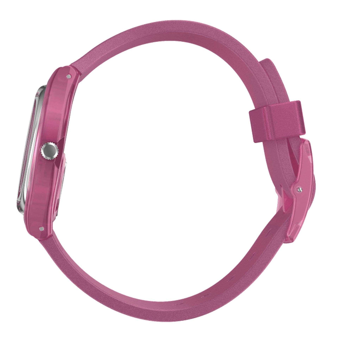 Pink round quartz watch case with attached pink silicone strap