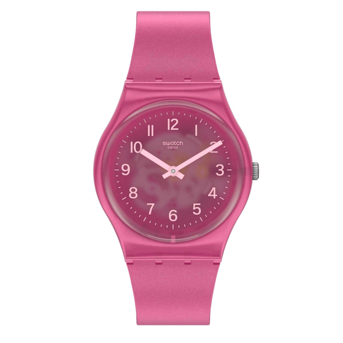 Pink quartz wristwatch with round pink dial, white numerals, and silicone strap