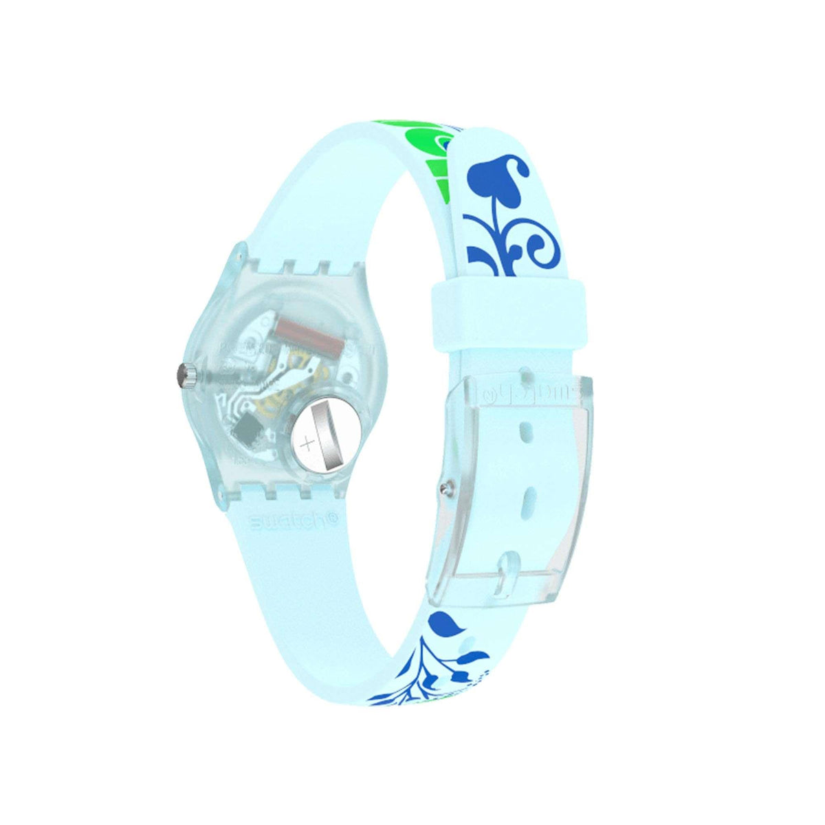 Side view of quartz watch with light blue translucent case and patterned strap