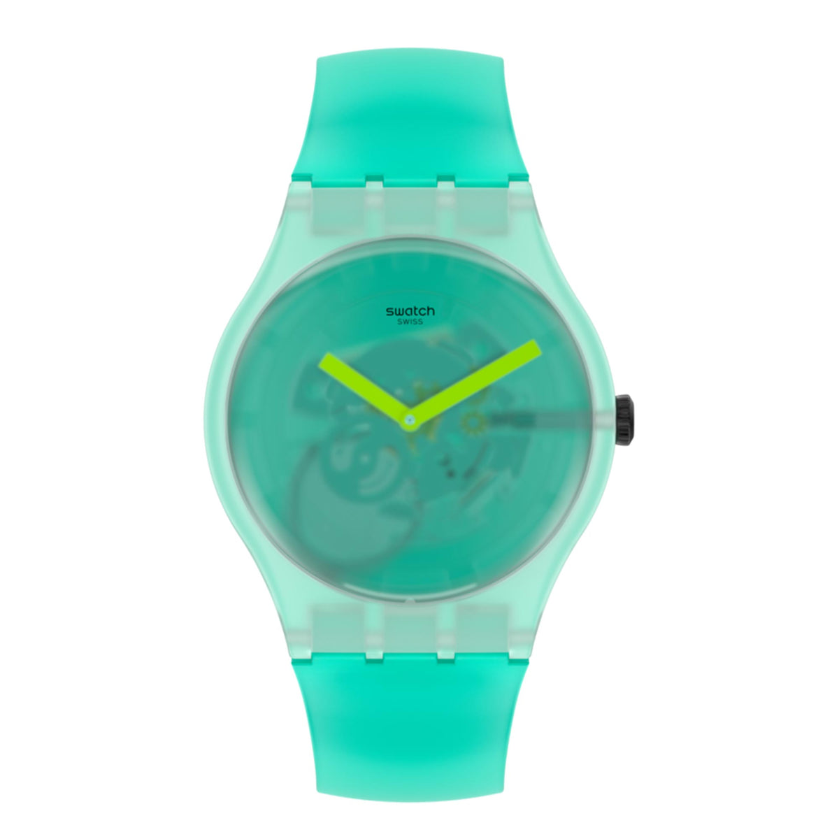 Round teal plastic watch with green dial, yellow hands, and swatch logo on face