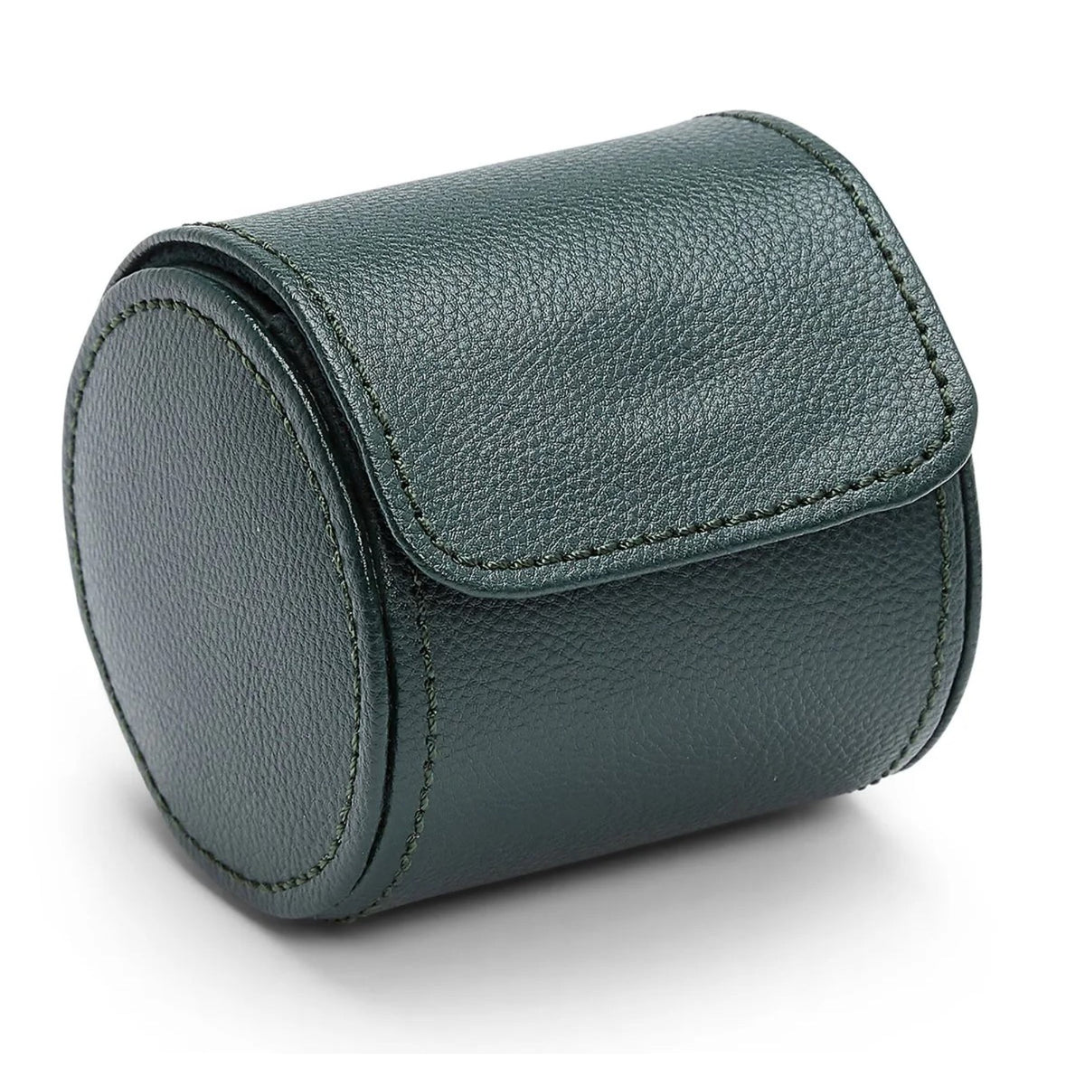 Single watch roll dark green leather cylinder shape with front flap and curved side