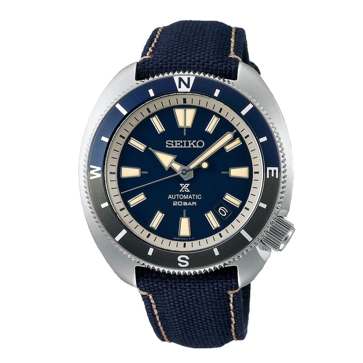 Men's automatic wristwatch with blue dial, navy fabric strap, silver case and bezel