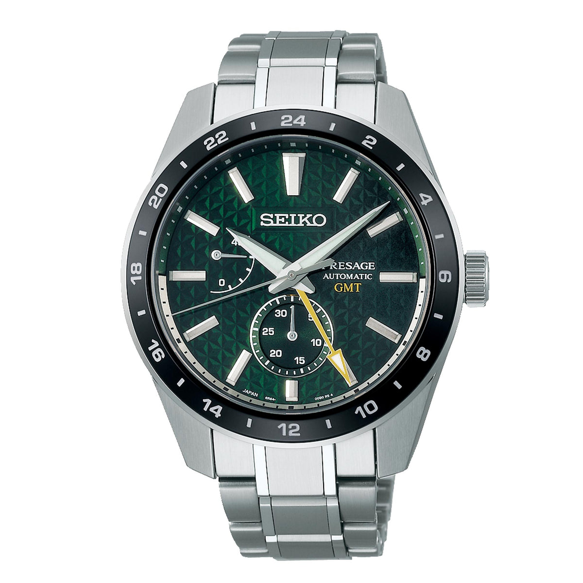 Sharp-edged stainless steel GMT watch with green dial and black bezel markers